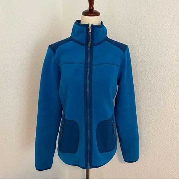 GREEN TEA Blue Fleece Navy Stripe Detail Two Zip Pockets Full Zip Front Size S - Picture 4 of 13